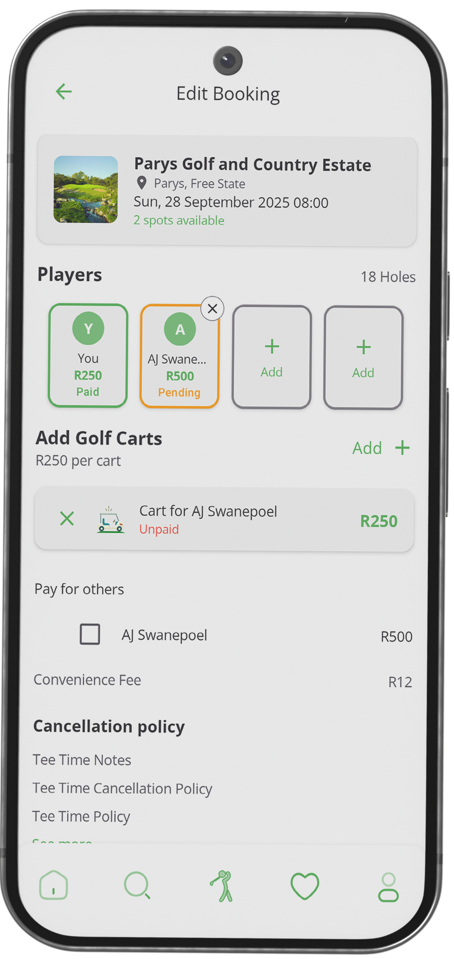 PlayGolf fourball and split-payment screen